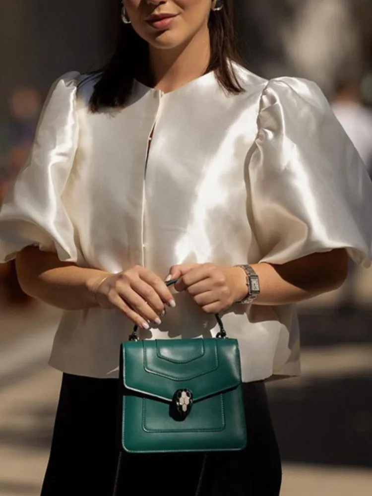 2026 Spring And Summer New Casual Top Women's Fashion Satin Bubble Short-sleeved Loose Round-neck Commuting Versatile Top