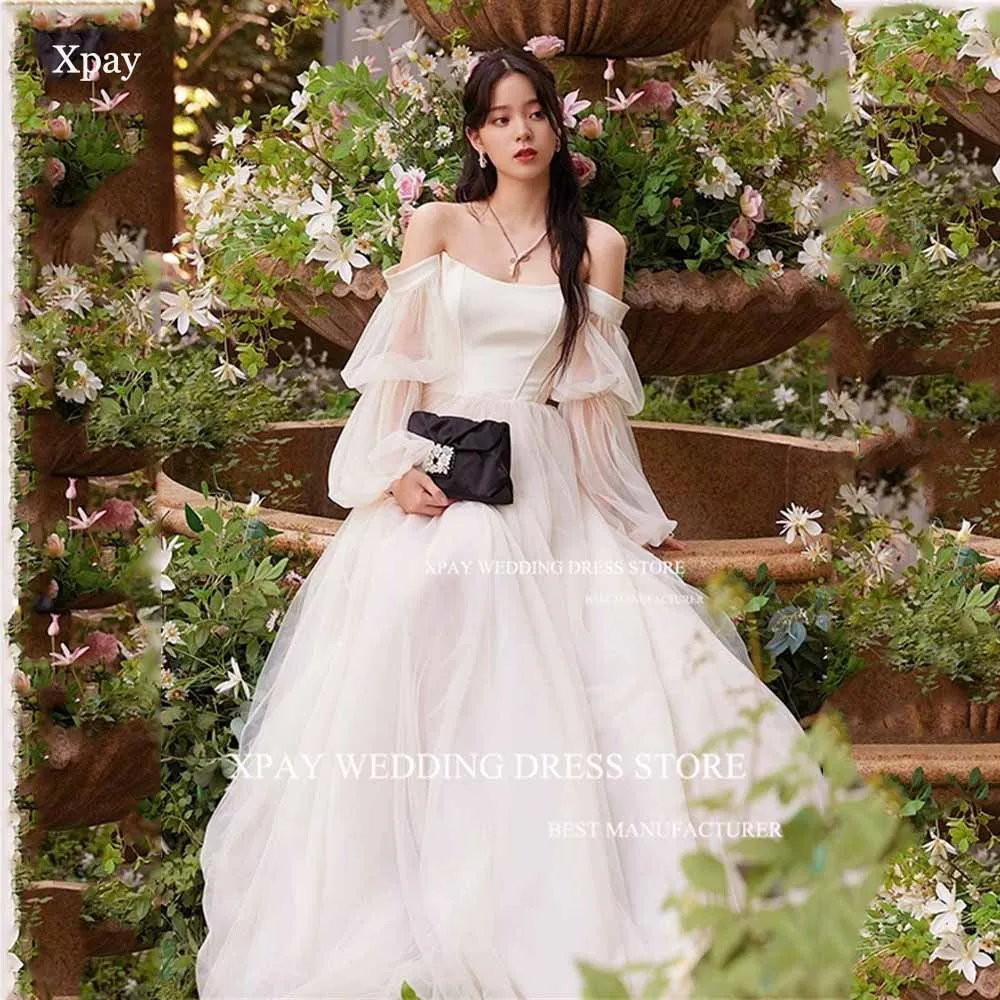 XPAY Princess Long Puff Sleeve Korea A Line Wedding Dresses Photo Shoot Customized Off Shoulder A Line Corset Back Bridal Gown