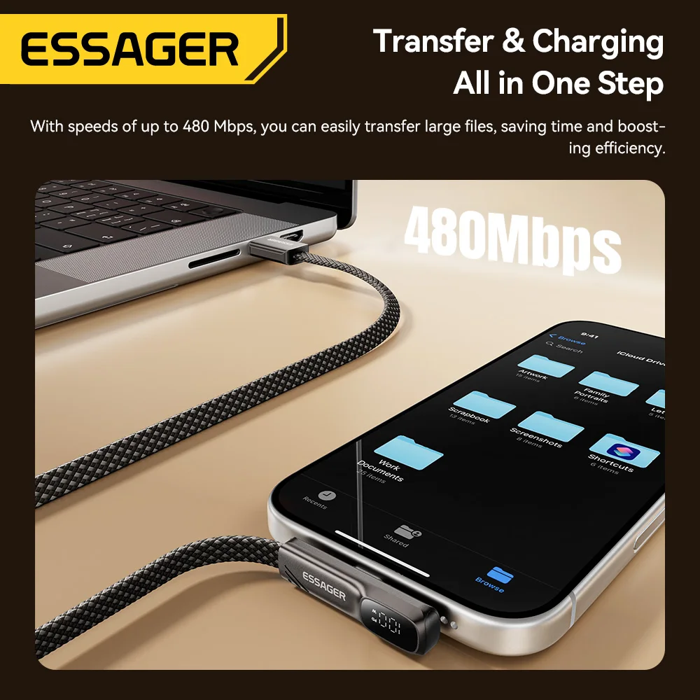 Kabel Essager 100W 7A USB Type-C do szybkiego ładowania z kątowym złączem 90 stopni, kabel USB C z cyfrowym wyświetlaczem danych do Samsunga, Huawei, Honor. — zdjęcie produktu 6