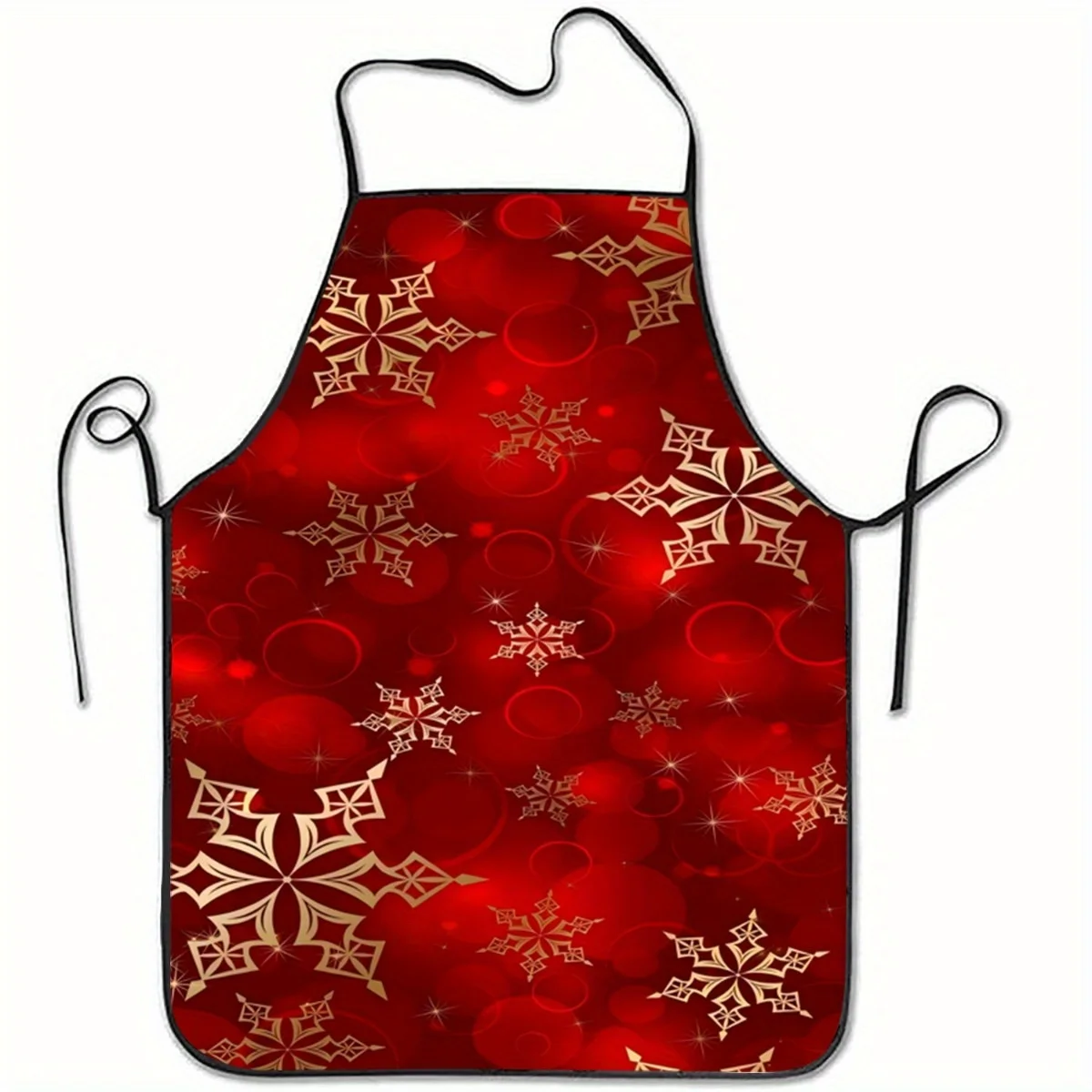 Red & Golden Snowflake Print Sleeveless Polyester Apron Festive Holiday Kitchen Baking Cooking Apron for Home, Christmas