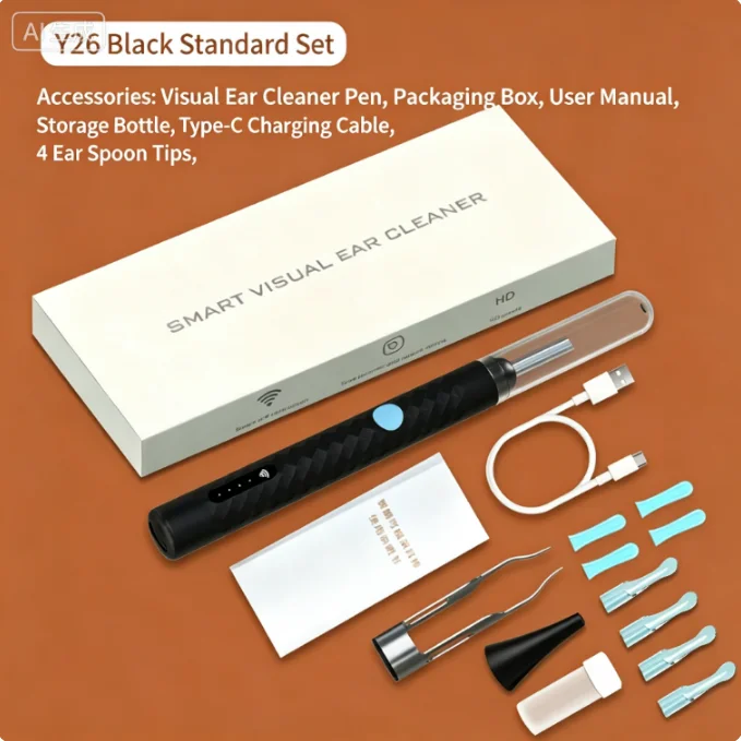 Black Visual Ear Cleaner with Metal Tweezers Kit, WiFi Connection, LED Light, HD Ear Camera, Home Ear Wax Removal Tool for Adult