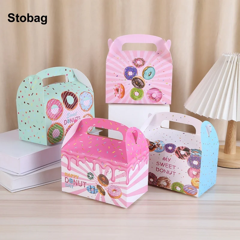 

StoBag 20pcs Cartoon Donut Kraft paper Gift Tote Box Kids Packaging Cake Candy Biscuits Storage Baking Birthday Party Favor