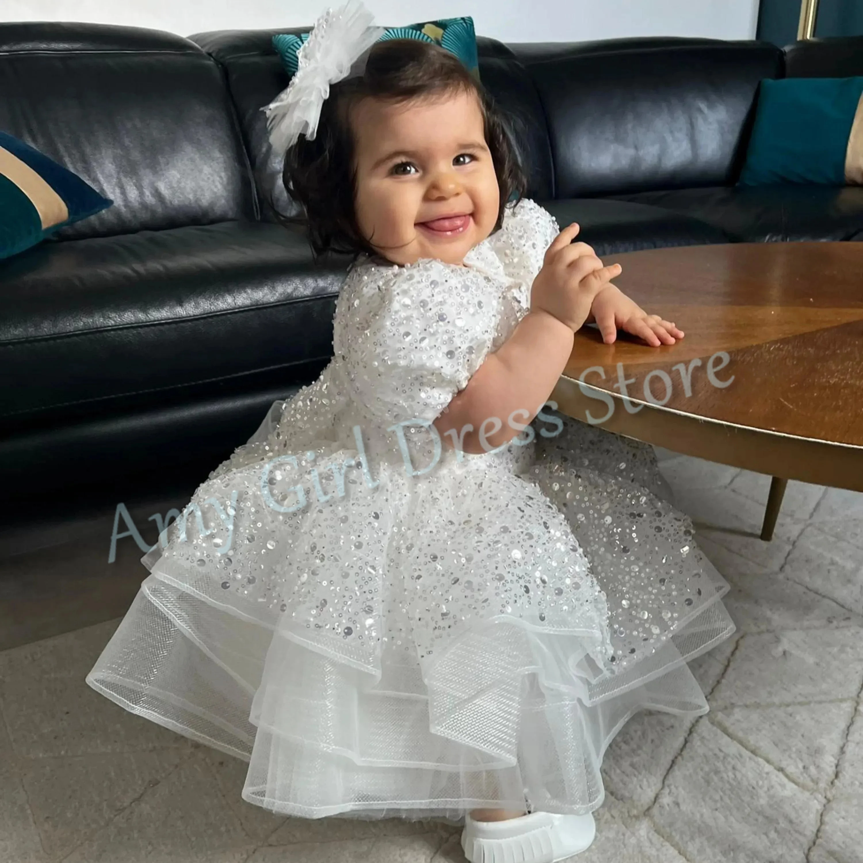 Customized Ivory Flower Girl Dress For Wedding Sequins Layered Tulle Lovely Toddler Birthday Party Banquet First Communion Gown