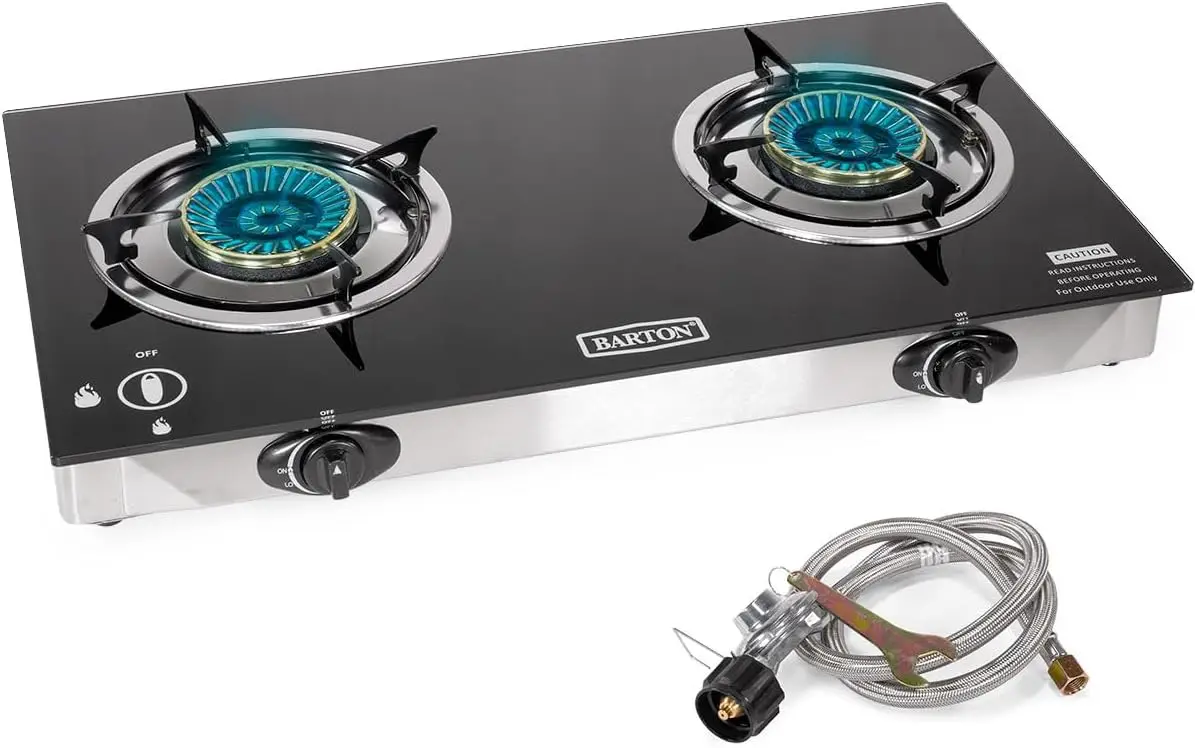 

Double Burner Stove w/Auto Ignition LPG Tempered Glass Outdoor Propane Portable Camping Range 2-Burner Gas Burner