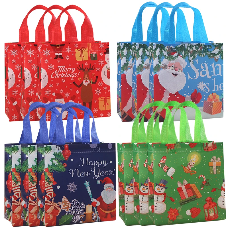 12pcs Christmas Reusable Gift Bags with Handles Non-wove Christmas Tote Bags Treat Bags Gifts Wrapping Shopping Xmas Party Decor