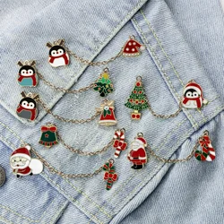 Cartoon Christmas Series Enamel Pins Cute Santa Claus Snowman Brooches with Chain Custom Badge Xmas Party New Year Jewelry Gifts