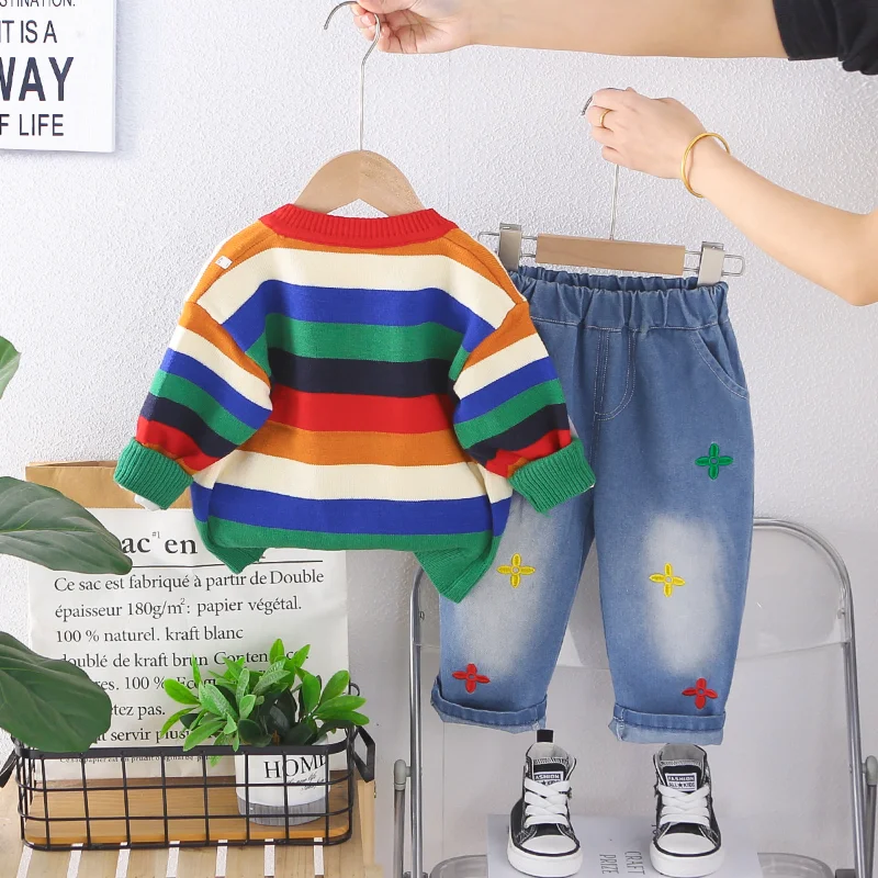 

Новая осенняя одежда для маленьких мальчиков, полосатая куртка для девочек, футболка, брюки, 3 шт./компл., детская одежда, костюм для младенцев, наряды для малышей