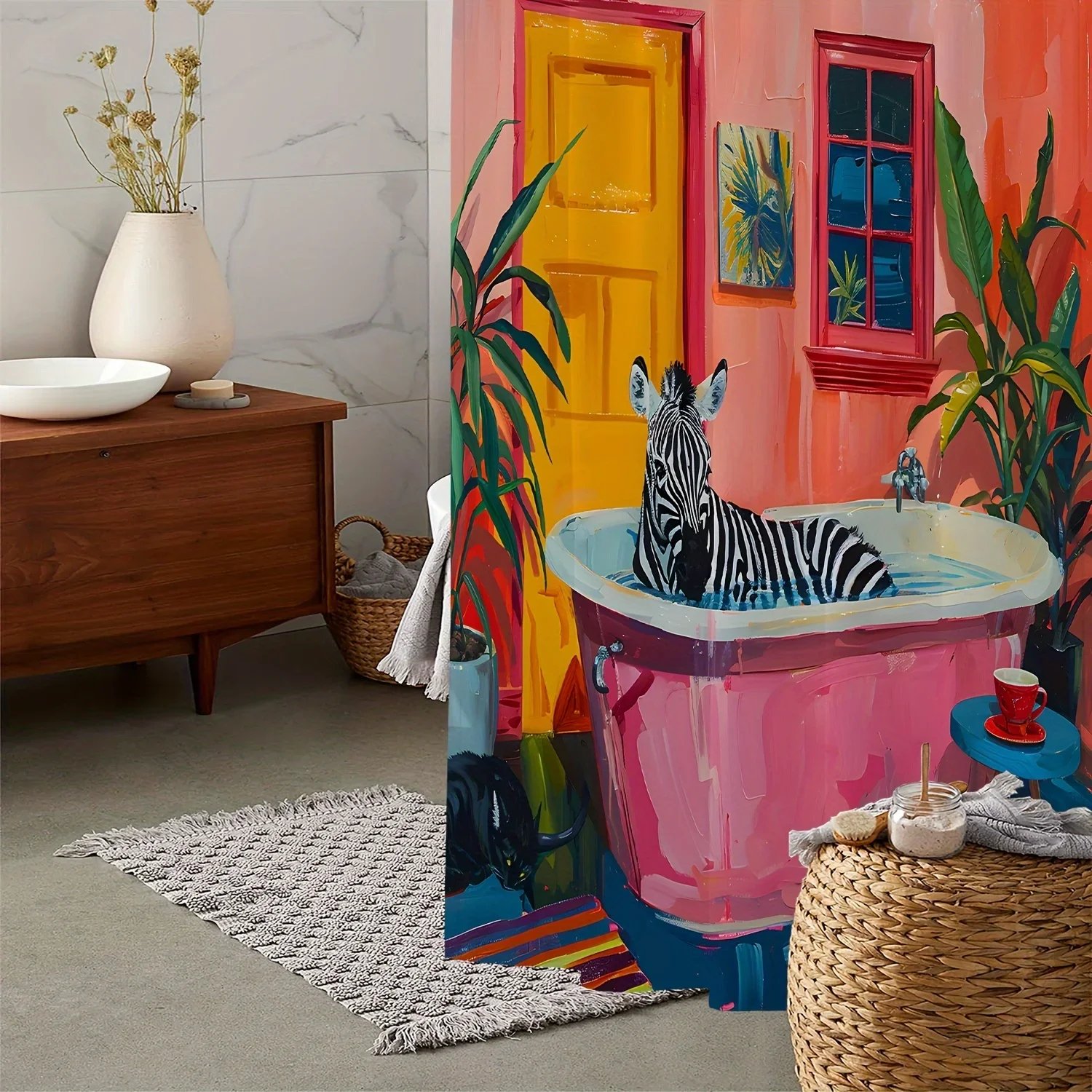 Colorful Zebra in Bathtub Shower Curtain - Vibrant and Whimsical Design for a High-Elegance Bathroom Ambiance