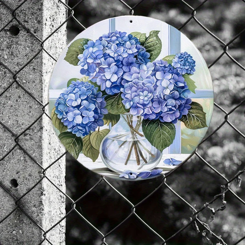 Vintage Hydrangea Metal Wall Decor 8 Inch - Durable Iron Floral Sign, Pre-Drilled for Easy Mount, Indoor Outdoor Art for Home Ca