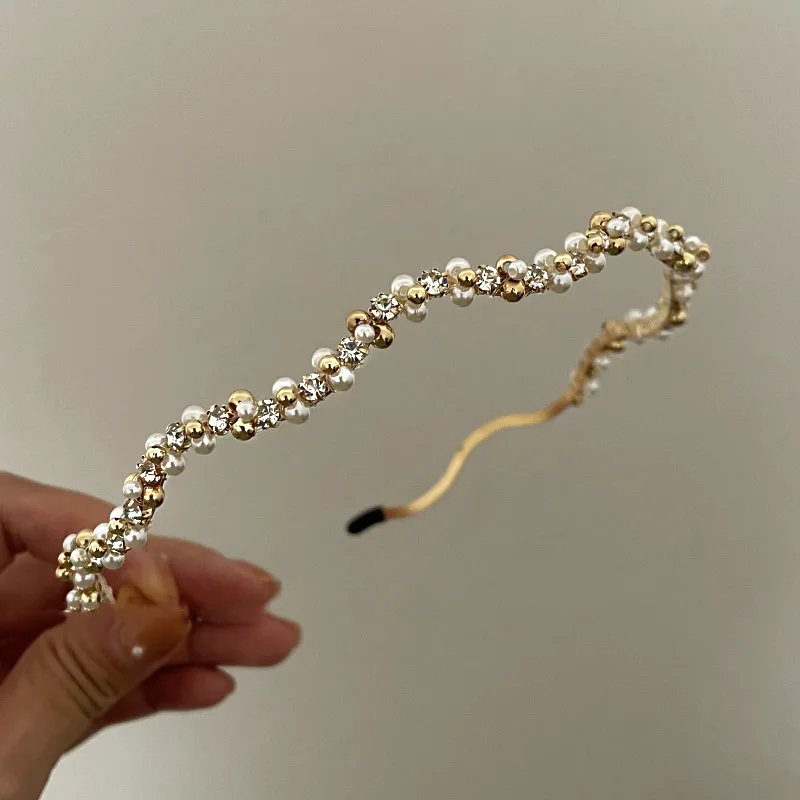 Exquisite Zircon Headbands Simple Retro Pearl Headband Waving Party Crown Head Hoop Elegant Women Gold Bands Headwear