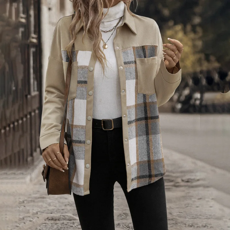 

2024 new casual lapel pocket plaid matching color mid-long jacket trend long-sleeved women's autumn and winter coat