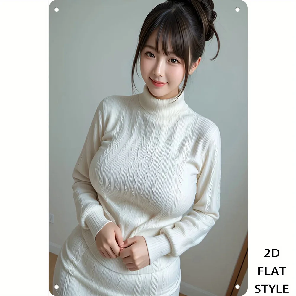 CIFBUY Asian Woman White Knitted Sweater Portrait Metal Sign 2D Print Aluminum Poster Elegant Style Wall Art Home Living Room De