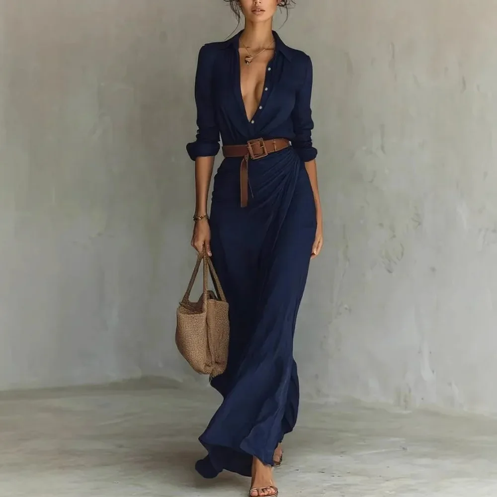 

2025 New Autumn Woman Sexy Deep V Neck Hollow Long Dress Elegant Solid Belted Irregular Party Long Sleeve Slim Casual Dresses