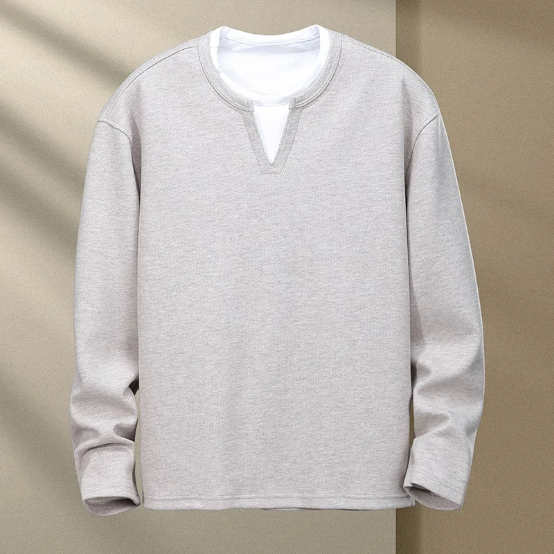 Men's Autumn Winter Pullover Contrasting Color Fake Two-piece Round Neck Long-sleeved Casual Fashion Shirt T-shirt Top