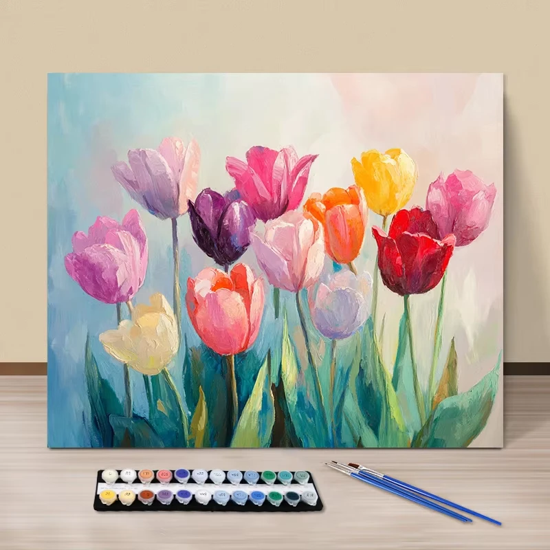 Kit Pittura Digitale Fai-da-Te, Dipingi con i Numeri, Tulipani Colorati, Quadro Dipinto a Mano, Arte su Tela, Regalo Unico