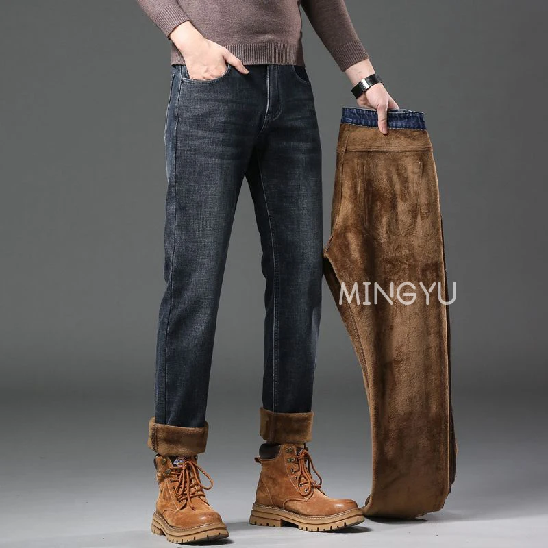 High Quality Winter Warm Fleece Classics Vintage Jeans Men Thicken Denim Pants Work Velvet Flocking Trouser Streetwear Plus Size