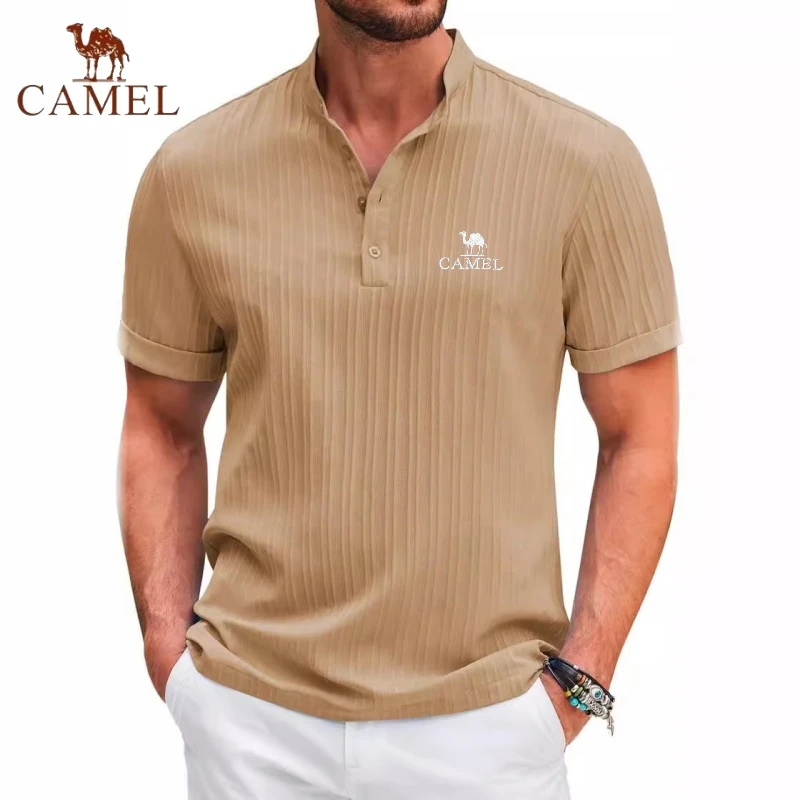 High End Embroidered CAMEL Cotton and Linen Striped Henry Polo Shirt, New Summer Men\'s Retro Fashion Casual Short Sleeved Top