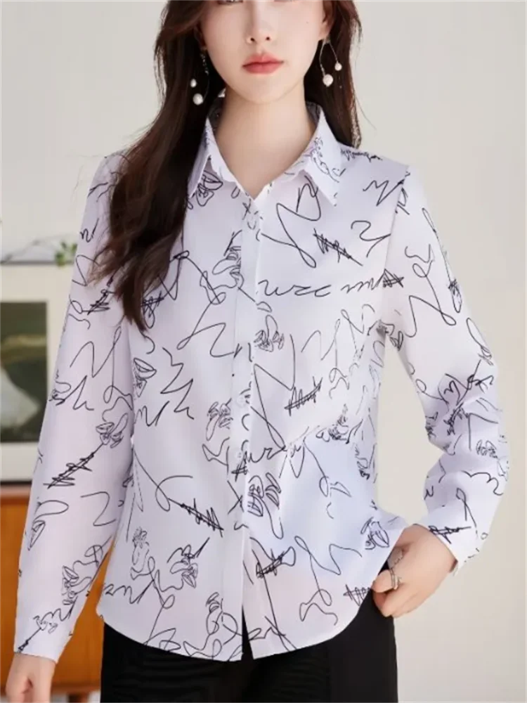 

Printed Shirt Chiffon shirt for Women Blouses Summer Top Basic Shirt Loose Bottom Blous Laple Long Sleeve Woman Clothes Shirt