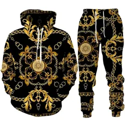 2024 Luxury Golden Print Men's Tracksuit Set 3D Casual Hoodie+Pants 2pcs Sets Oversized Sportswear Trousers Fashion Men Clothes