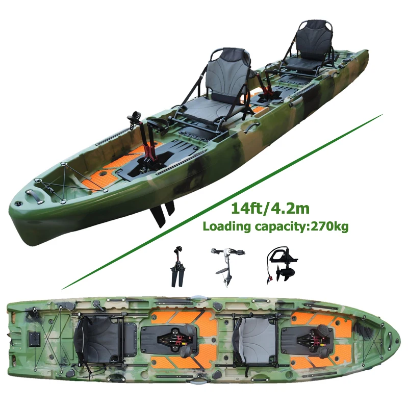 

14FT 2-Person Tandem Propeller Double Seats Pedal Kayak 4.2m with Electric Motor Fishing Fin Kayak Canoe HDPE Ocean Sea