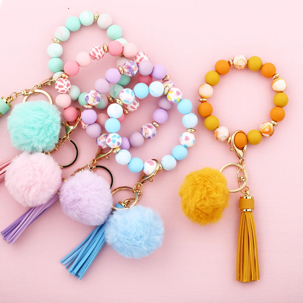 30Pcs Silicone Wristlet Keychain Silicone Bead Tassel Bracelet Key chain keyring Jewelry Gift Siliconehairball Keychain Bangle