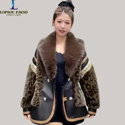 Faux Fur Coat for Women,Fox Fur Collar Leopard Print Jacket,Double Breasted Overcoat,Female Clothes,Luxury,Spliced,New,Winter