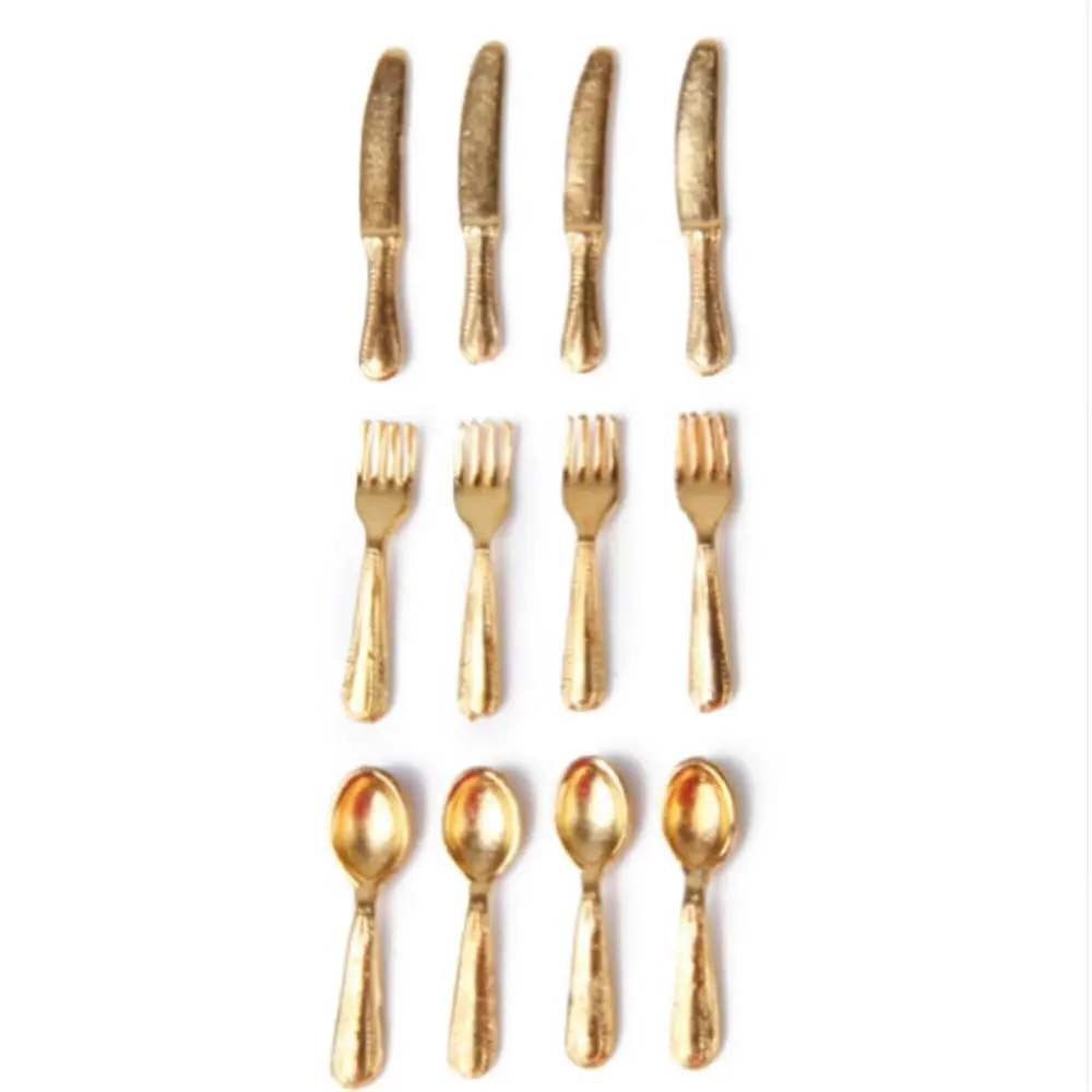 12PCS Metal Kitchen 1:12 Scale Simulation Mini Cutlery Fork Knife Spoon Miniature Cookware  Accessory