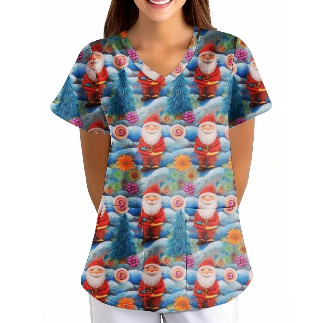 ชุดยูนิฟอร์มพยาบาลลายการ์ตูนซานตาคลอส แขนสั้น คอวี สำหรับผู้หญิง ทำงานในโรงพยาบาล หรือสถานพยาบาล