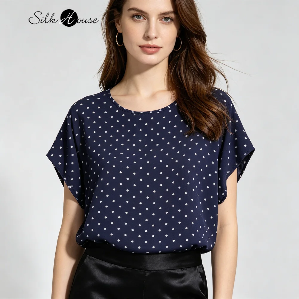 

Plus Size Women's Casual New Classic Versatile Polka Dot 100%Natural Mulberry Silk Double Crepe Round Neck Short Sleeved T-shirt