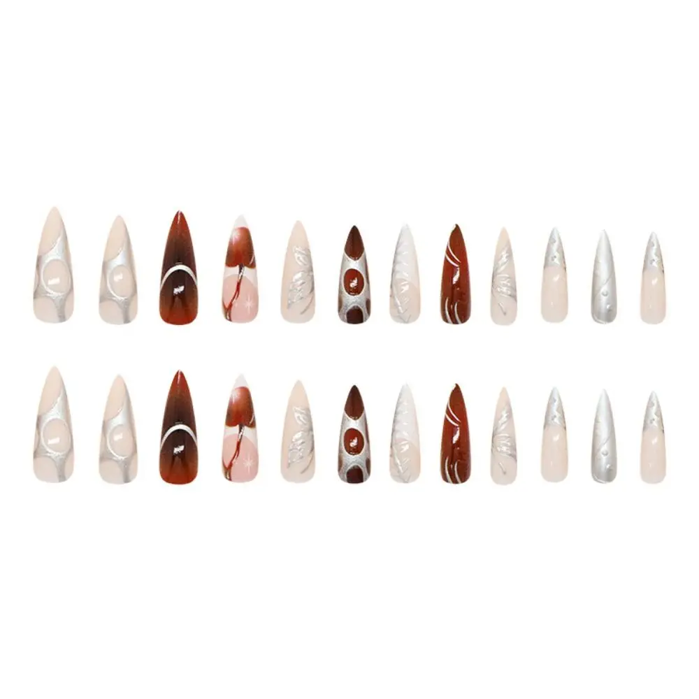 Faux ongles Stiletto longs en amande pour femmes, 24 pièces, avec rayures irrégulières, détachables, doux et frais, à pression