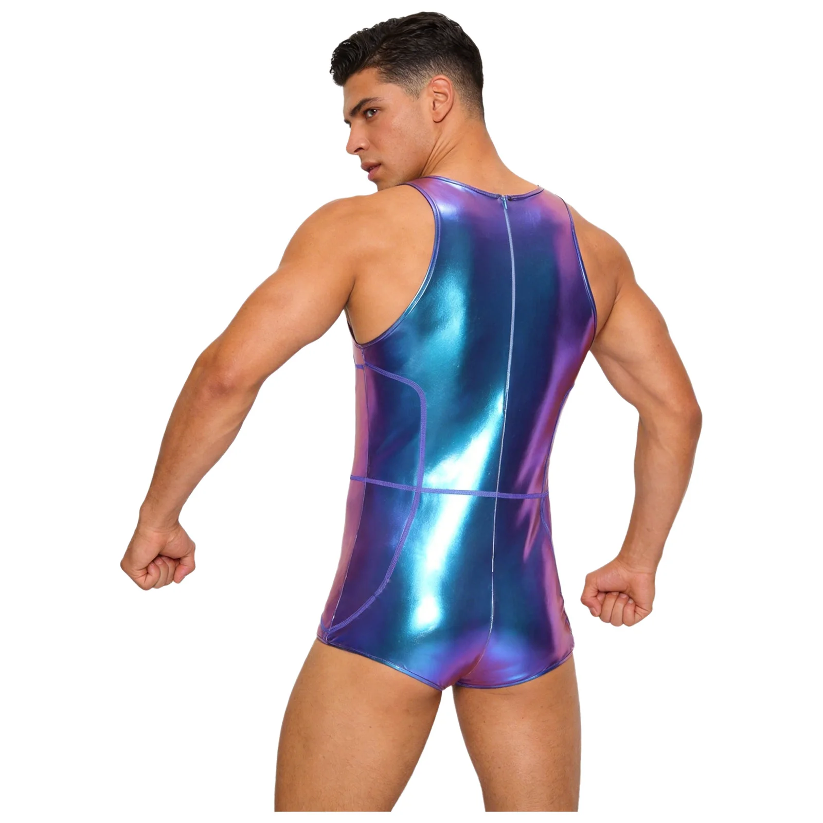 Men's Metallic Shiny Bodysuit Swimwear Sleeveless Tights Underwear Leotards One Piece Bathing Suit Beach Clubwear for Rave Party