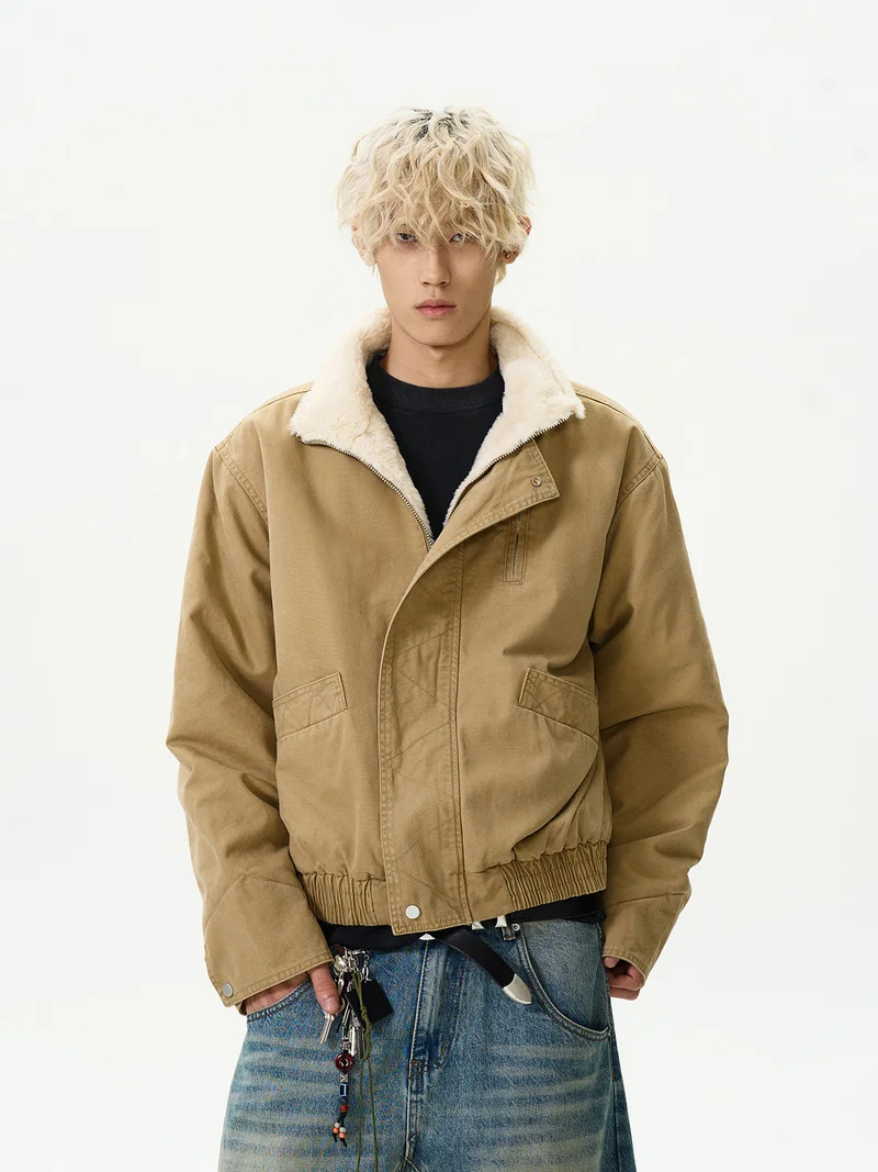 A Puee American Retro Bomber Stand-Collar Flight Jacket Cotton Winter Velvet Short Boxy Work Jacket