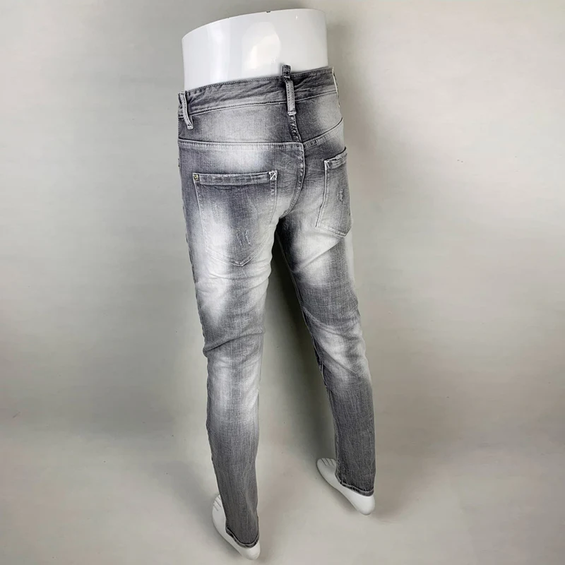 Street Fashion Men Jeans High Quality Retro Gray Stretch Skinny Fit Ripped Jeans Men Patched Designer Hip Hop Brand Pants Hombre