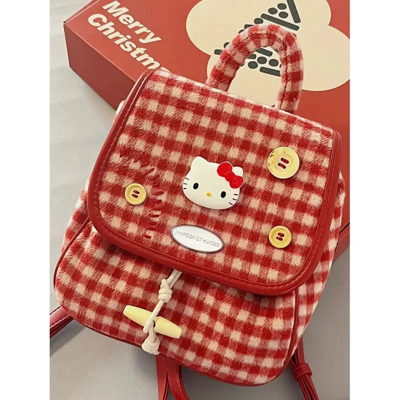 Sanrio Hello Kitty new retro red plaid small backpack girls bag mini travel light carry-on backpack