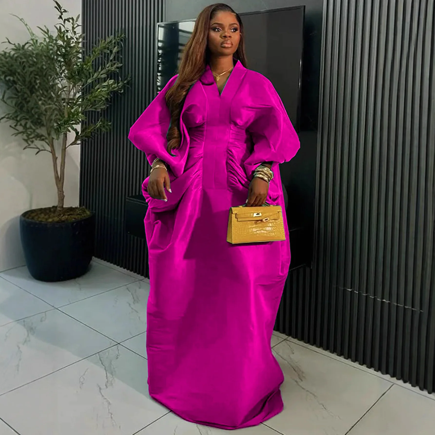women's casual dresses loose V-neck batwing long sleeved elegant party evening dresses pleated waist wide woman clothes hxy308