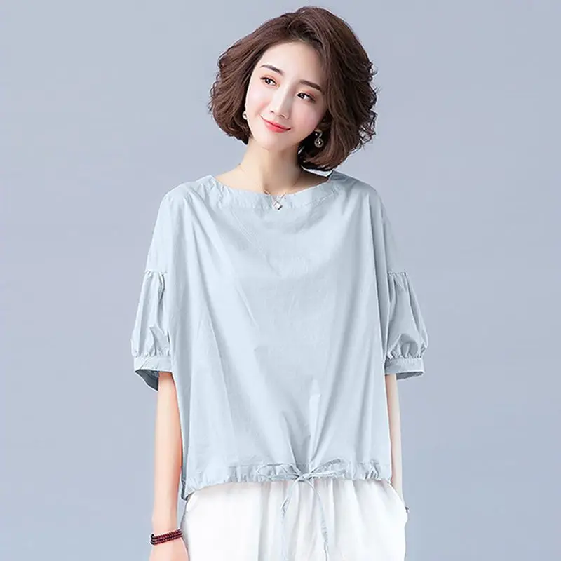 Women Summer Simplicity Loose Elegant Lacing Solid Color O-neck Short Sleeve T-Shirt Women Clothes Casual Appear Thin Trend Tops