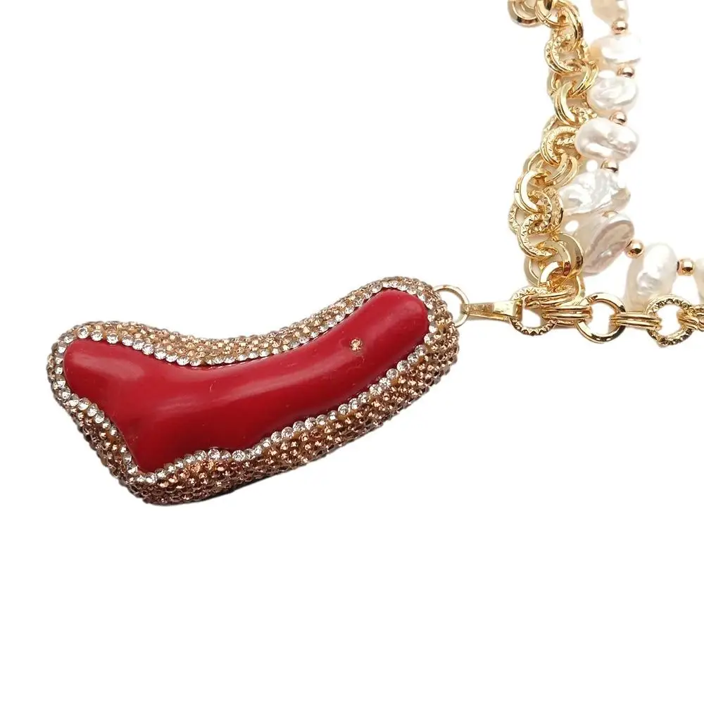 

Y.YING Freshwater White Keshi Pearl Gold Plated Chain Choker Necklace Red Coral Branch Crystal Pave Pendant Designer