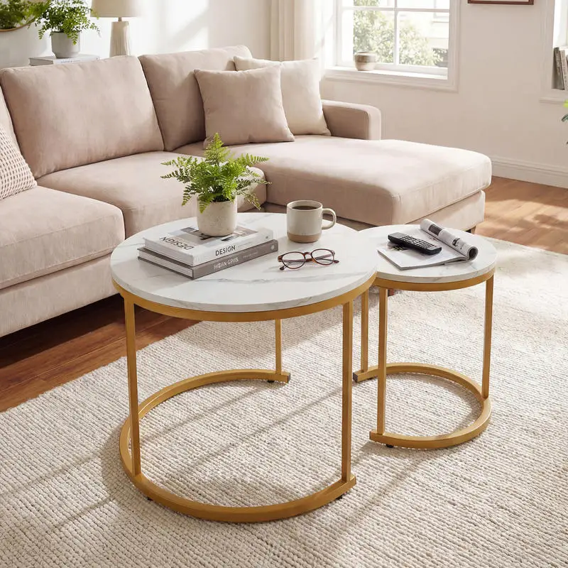 Coffee Table Center Table Living Room Table, Round Nesting Stacking Design With Gold Tone Frame, Small Coffee Table For Small Spaces, Apartment Coffee Table Pair For Studio Lounge Corner