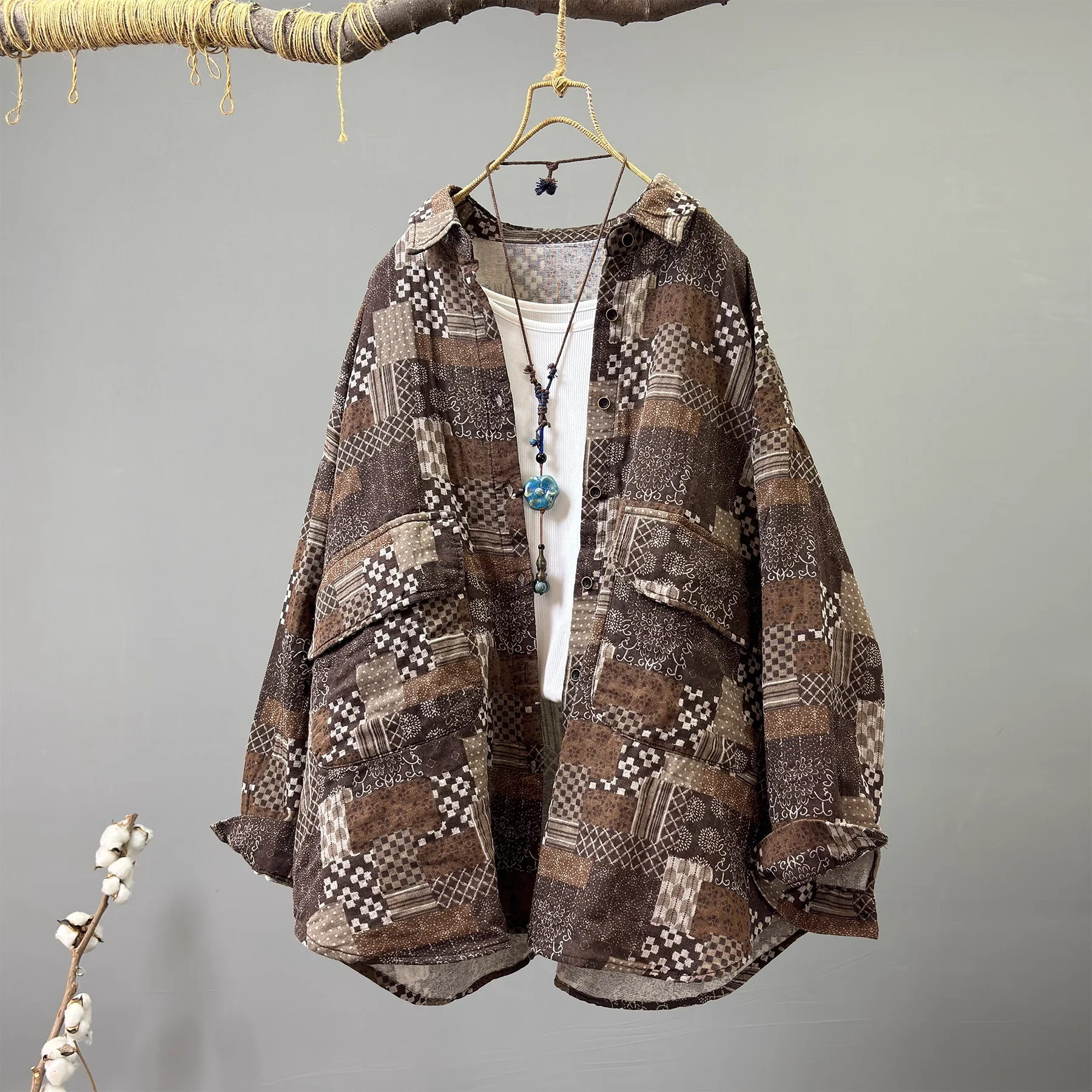 

Enianechu, топы большого размера, винтажная одежда, пряжа из чистого хлопка, коричневый принт, лоскутные рубашки большого размера, блузки, этническая верхняя одежда