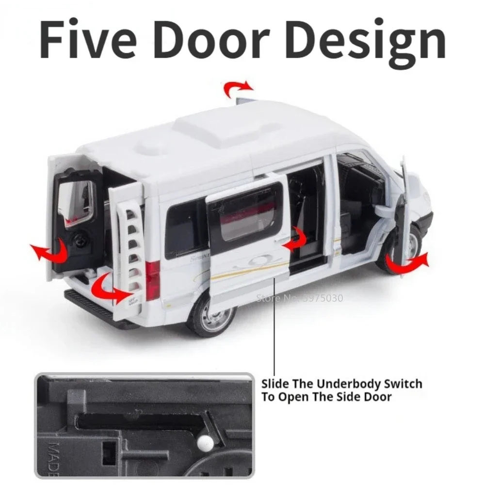 Modelo de coche de juguete RV Sprinter 1/32, luz de sonido de fundición a presión de aleación, rueda trasera, función de retroceso, juguetes, modelos de vehículos, regalos de colección