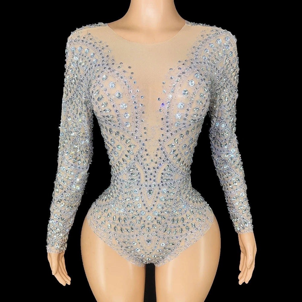 

Sparkly Rhinestones Long Sleeve Mesh Transparent Bodysuit Sexy Dance Costume Performance Leotard Stage Wear Party Night Outfit