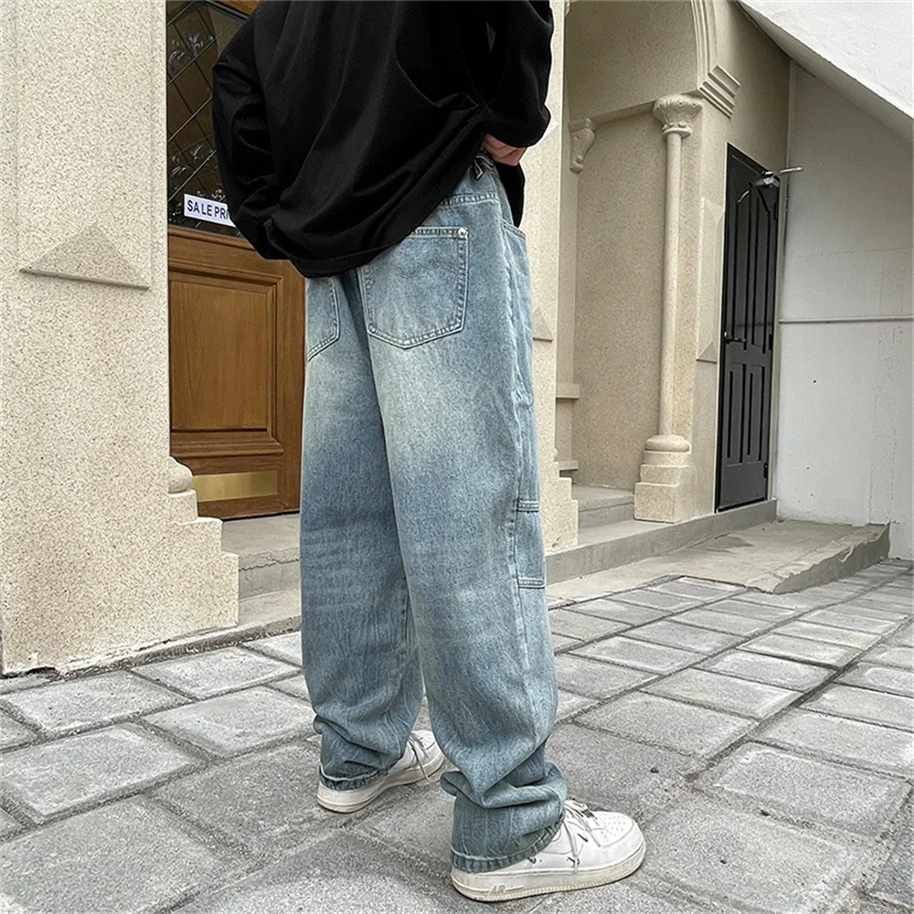 Loose Jeans Mens Floor Dragging Trousers Light Color Straight Tube Washed Retro Made Trendy Brand Youth PANTS Wide Leg