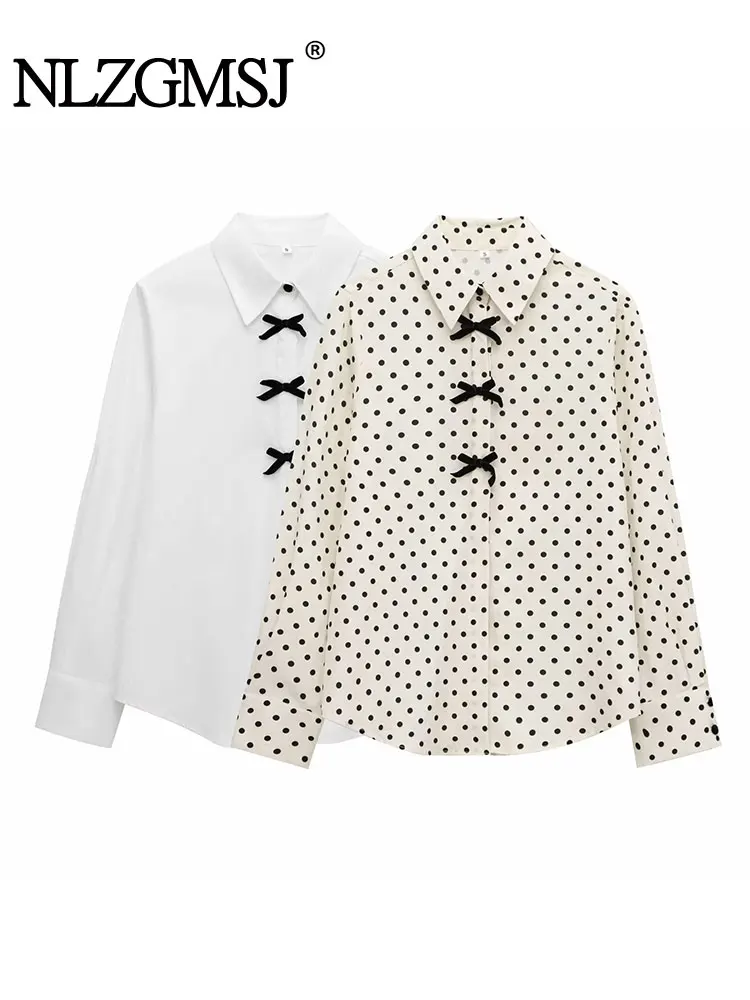 TRAF 2025 Spring Printing Shirt Woman Bow Tops Shirts for Women Fashion Button Long Sleeve Women's Casual Shirt Blouses