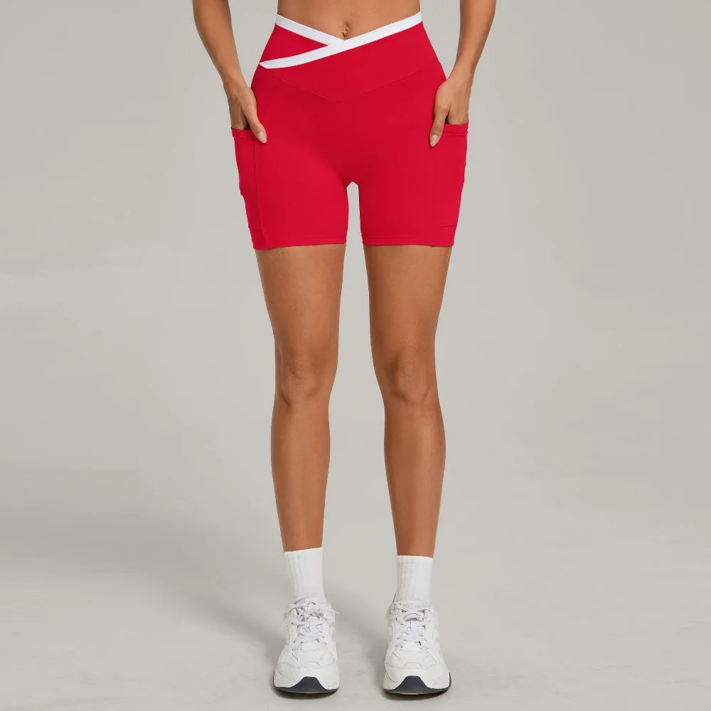 Women's Gym Workout Yoga Shorts Contrasting Color Pockets on Both Sides Tight-fitting Cross-waist Sports Running Fitness Shorts