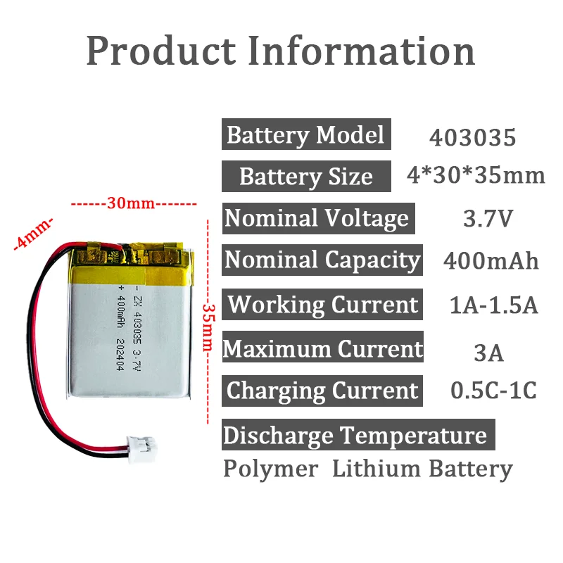 403035 043035 400mAh 3.7V Lipo batteria ricaricabile ai polimeri di litio per GPS MP3 MP4 Walkie-talkie auricolare Bluetooth Smart Watch