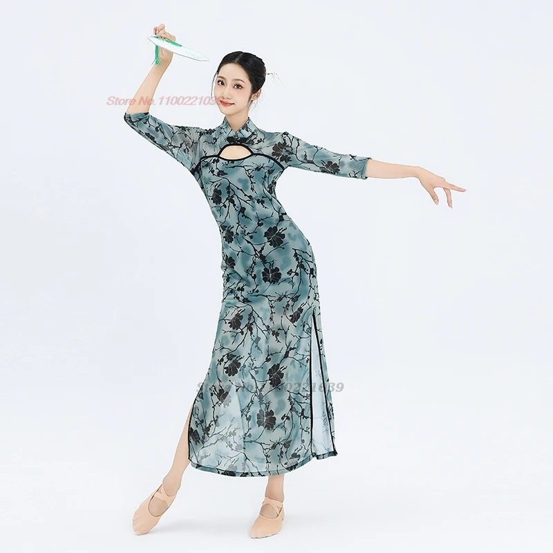 2025 traditional chinese vintage folk dress stage performance costume flower print mesh cheongsam dancer training exercise dress
