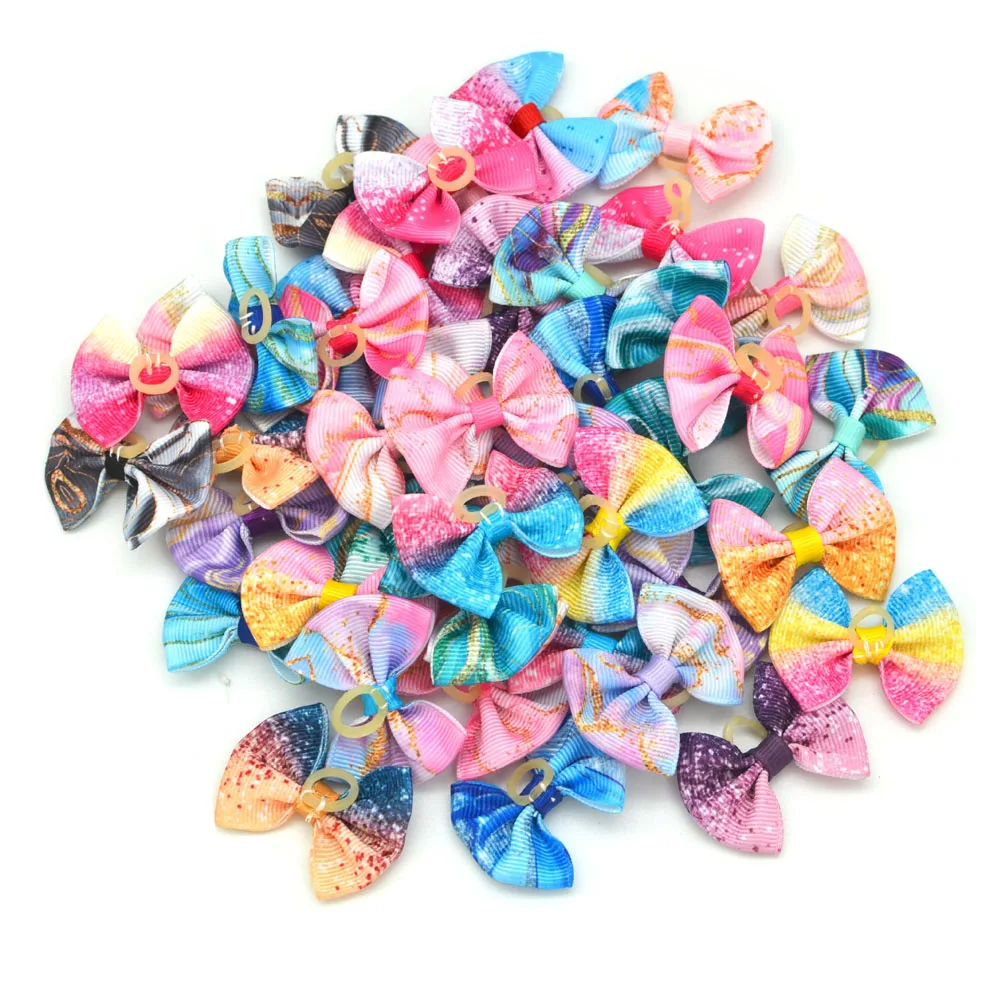 100PCS Gradient Color Dog Hair Bows Decorate Dog Hair Bows Cute Puppy Hair Accessories with Rubber Bands for Small Dog Supplies