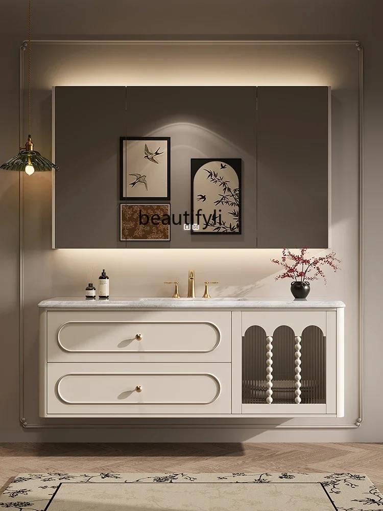 YH  Oak Bathroom Cabinet Whole Washbin Washstand French Retro Bathroom Wash Wash Basin Cabinet Combination Luxury Stone