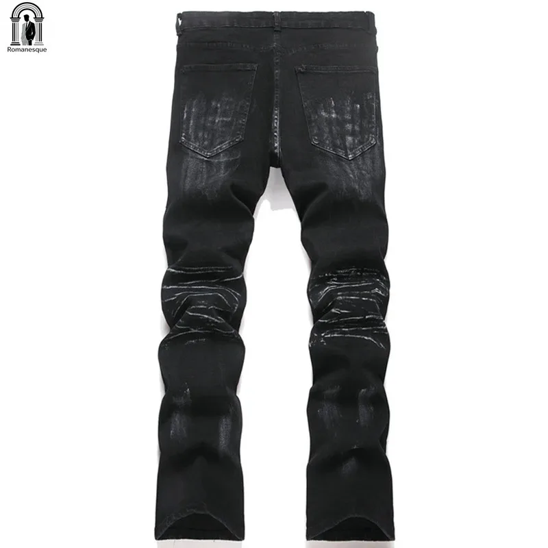【Mirrordust】Diamond Star Patchwork Jeans Men Fashion Black Straight Slim Denim Pants Rhinestone Splicing Jeans Trousers for Male