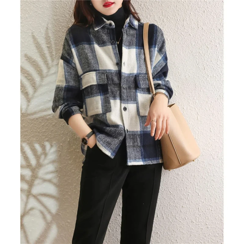 Jesień nowa koszula w stylu francuskim luźny kardigan cesarski szczotkowana krata kontrastowy kolor Vintage kobiety szykowne bluzki na cały mecz